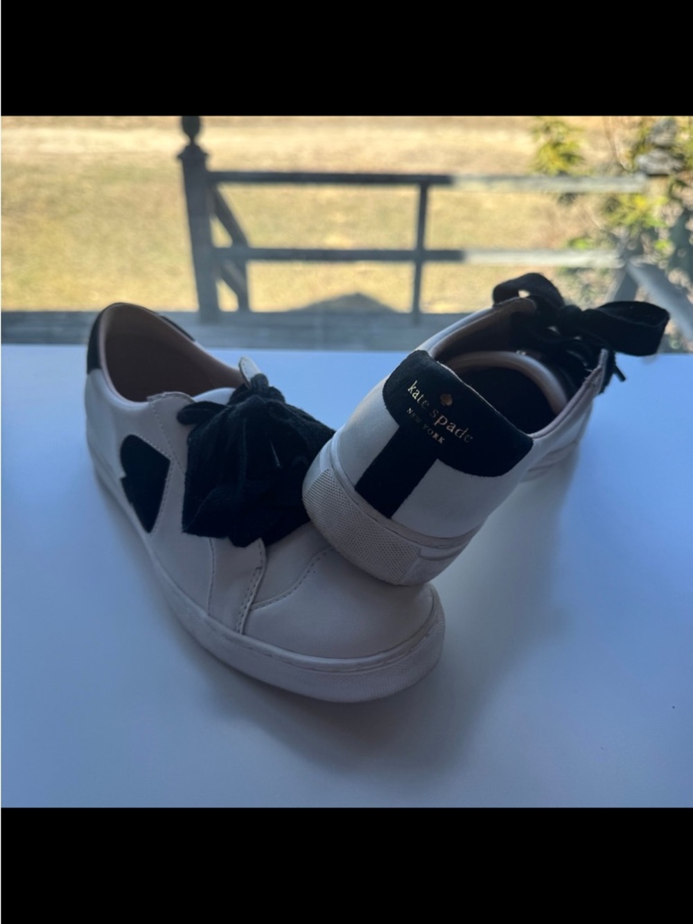 kate spade White Leather Sneakers with Black Heart and Bow Accent